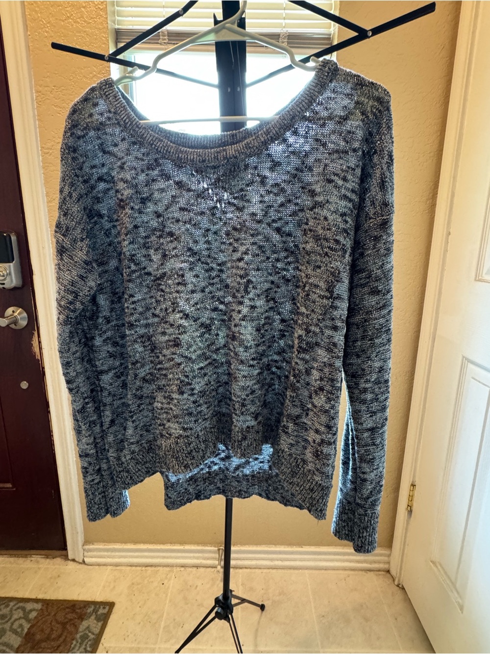 Long Sleeve Top Cozy Heathered Knit Sweater Shimmer Blue Silver Boat Neckline
